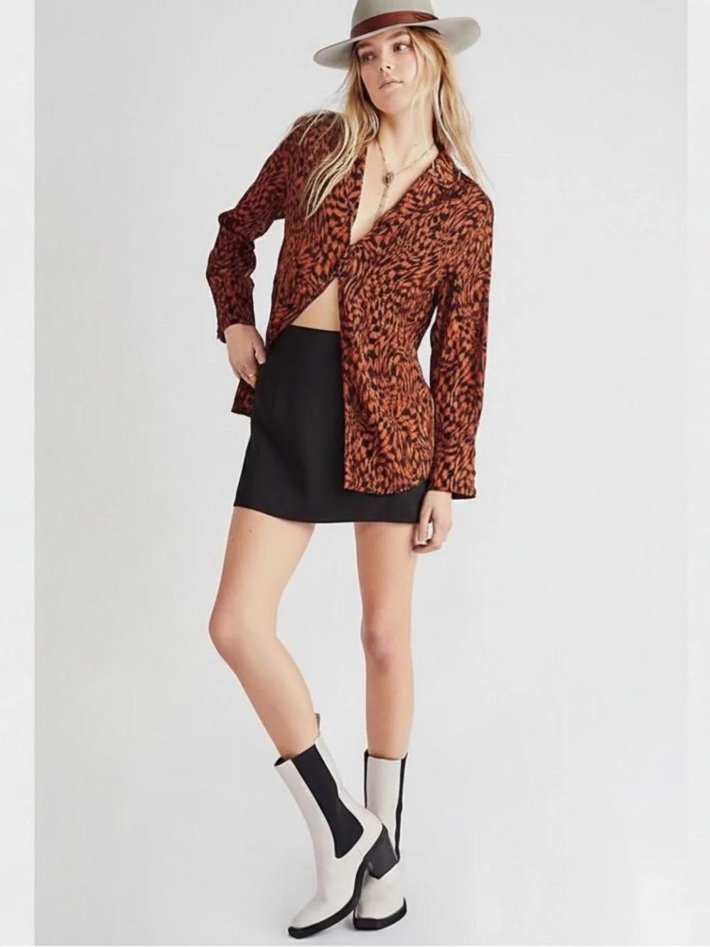 Free People Orange Black Abstract Animal Print Button Front Blouse Size 4